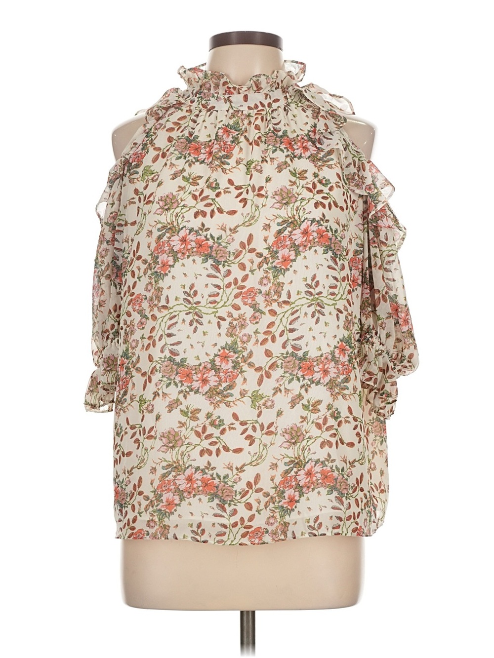 Max Studio Large Cream Floral Ruffle Cold-Shoulder Blouse